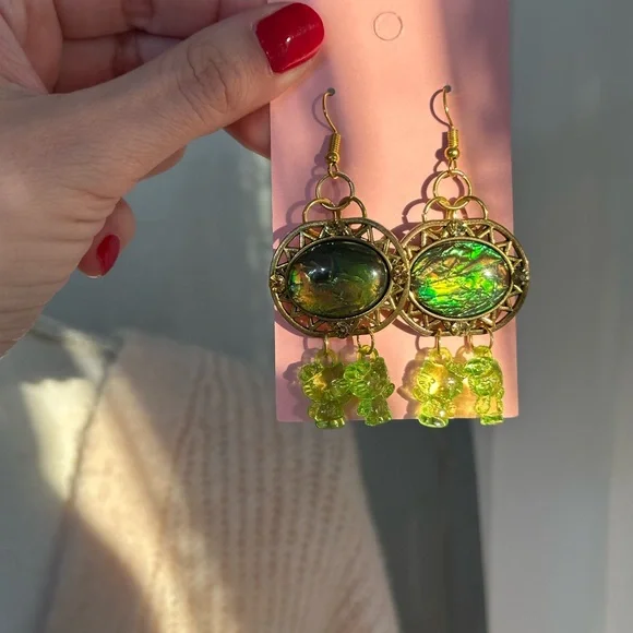 Dragon eye snake hello kitty Green Gold Dangle Earrings - Picture 4 of 4